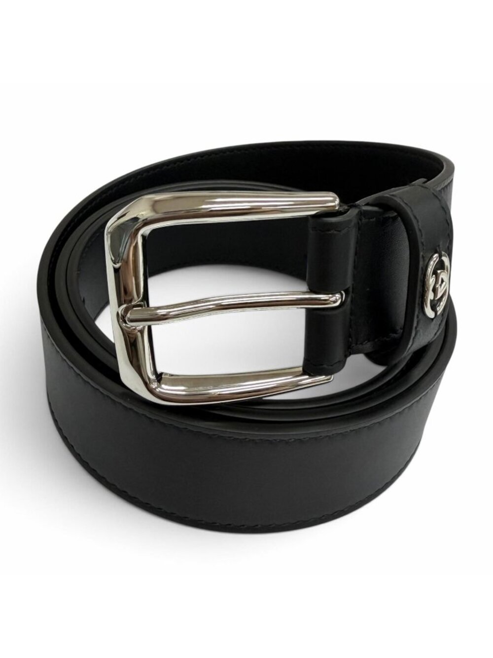 Gucci Interlocking G with Details Leather Belt Black Silver